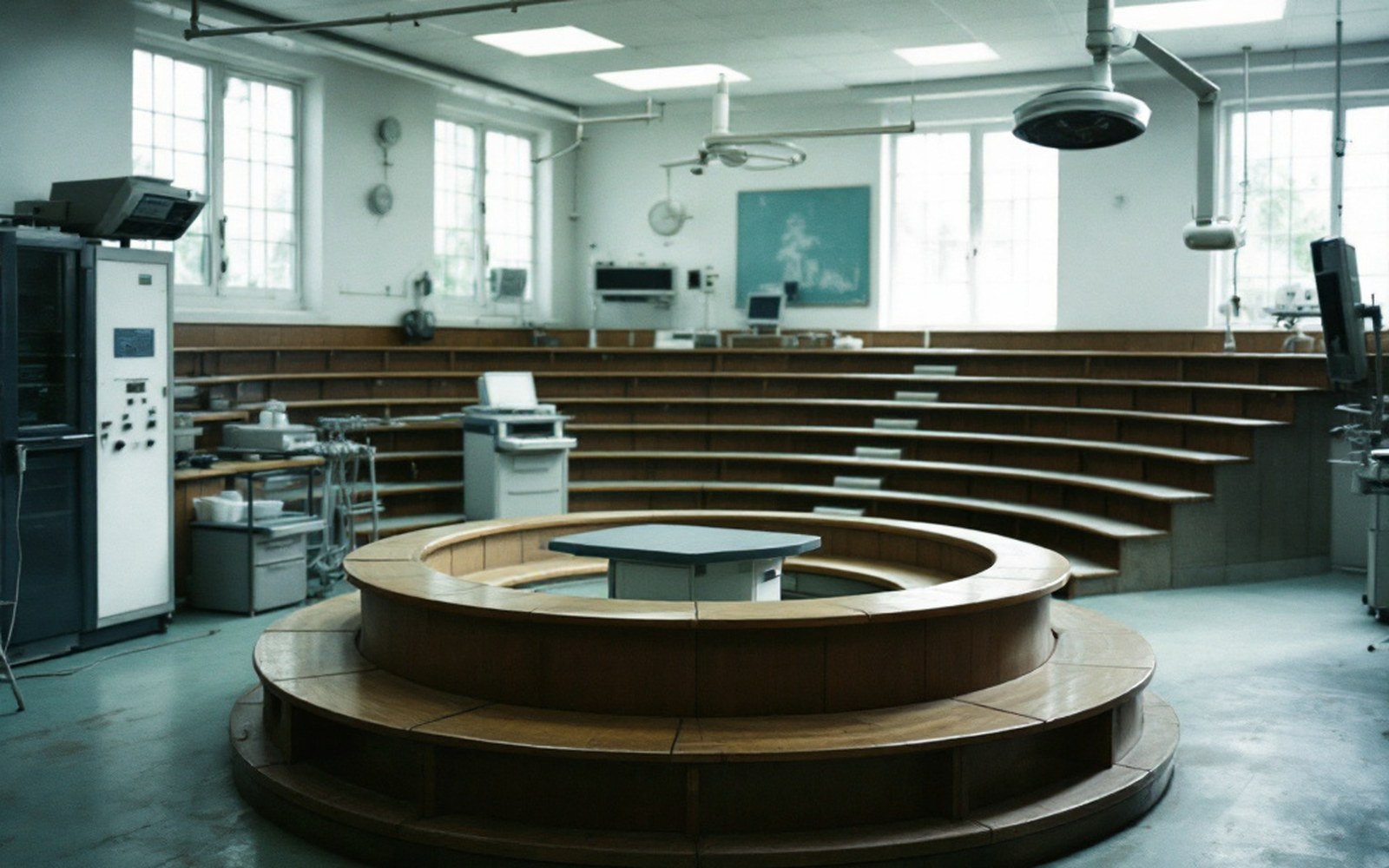 An old operating theatre with tiered wooden seating around a central table, empty