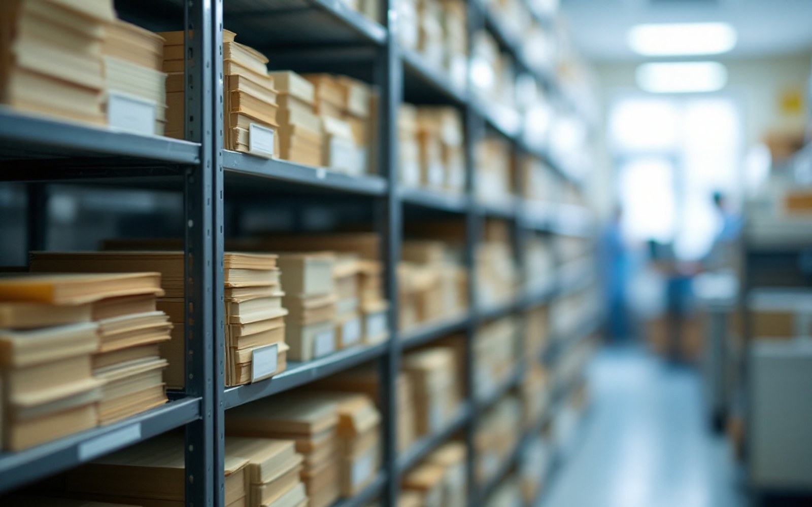 A hospital records room of bound patient files on metal shelving