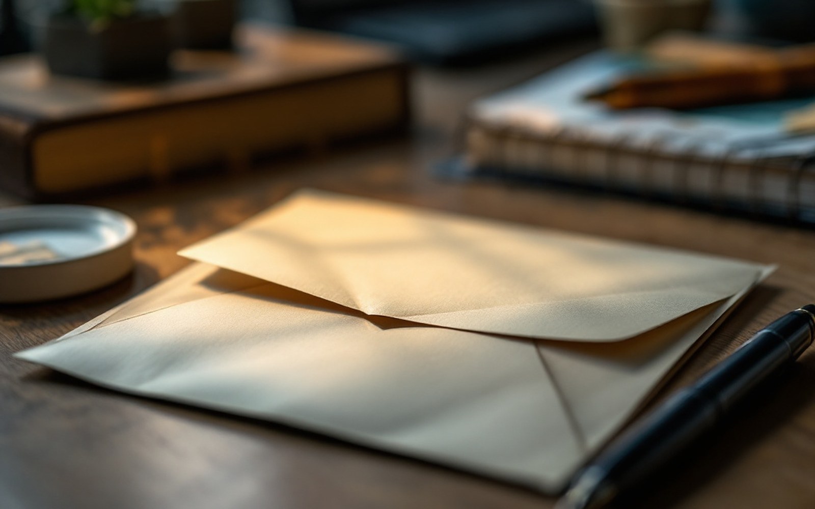 A sealed envelope on a desk beside a logbook and a pen, close, office light