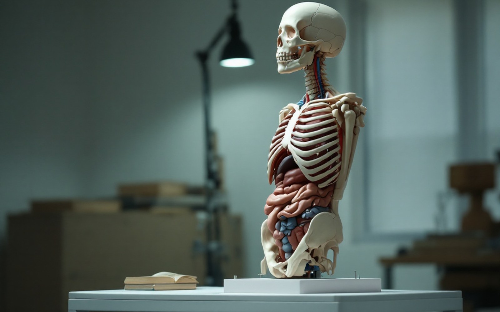 An anatomical teaching model on a stand in a plain room, side light
