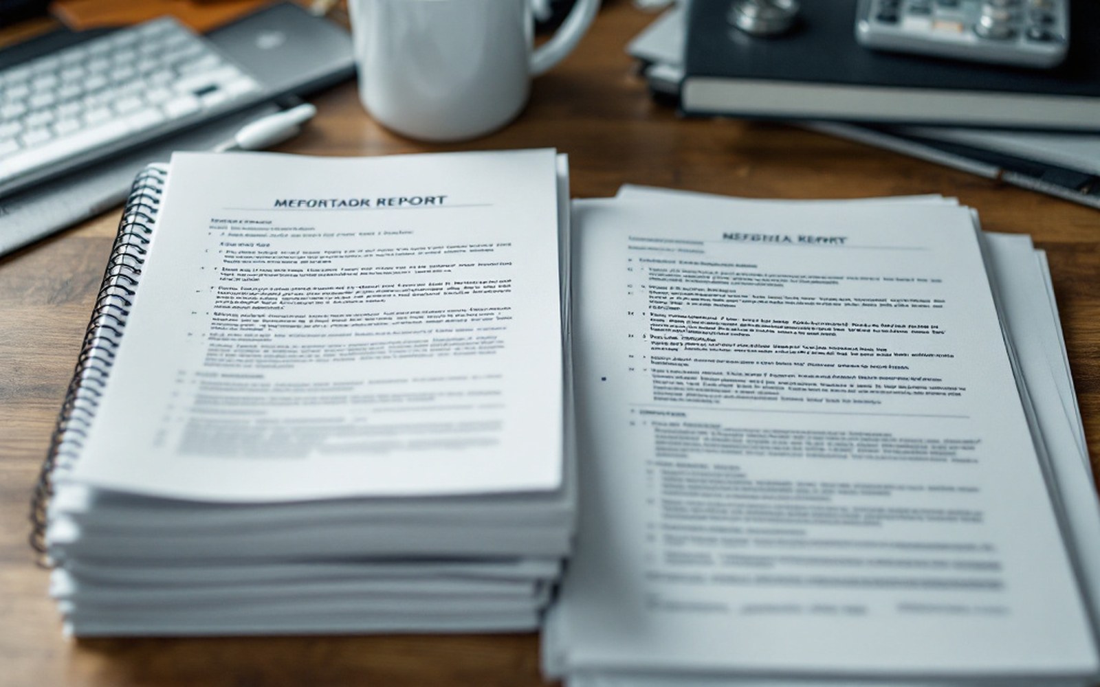 Two thick printed reports lying side by side on a desk with bookmarks in both