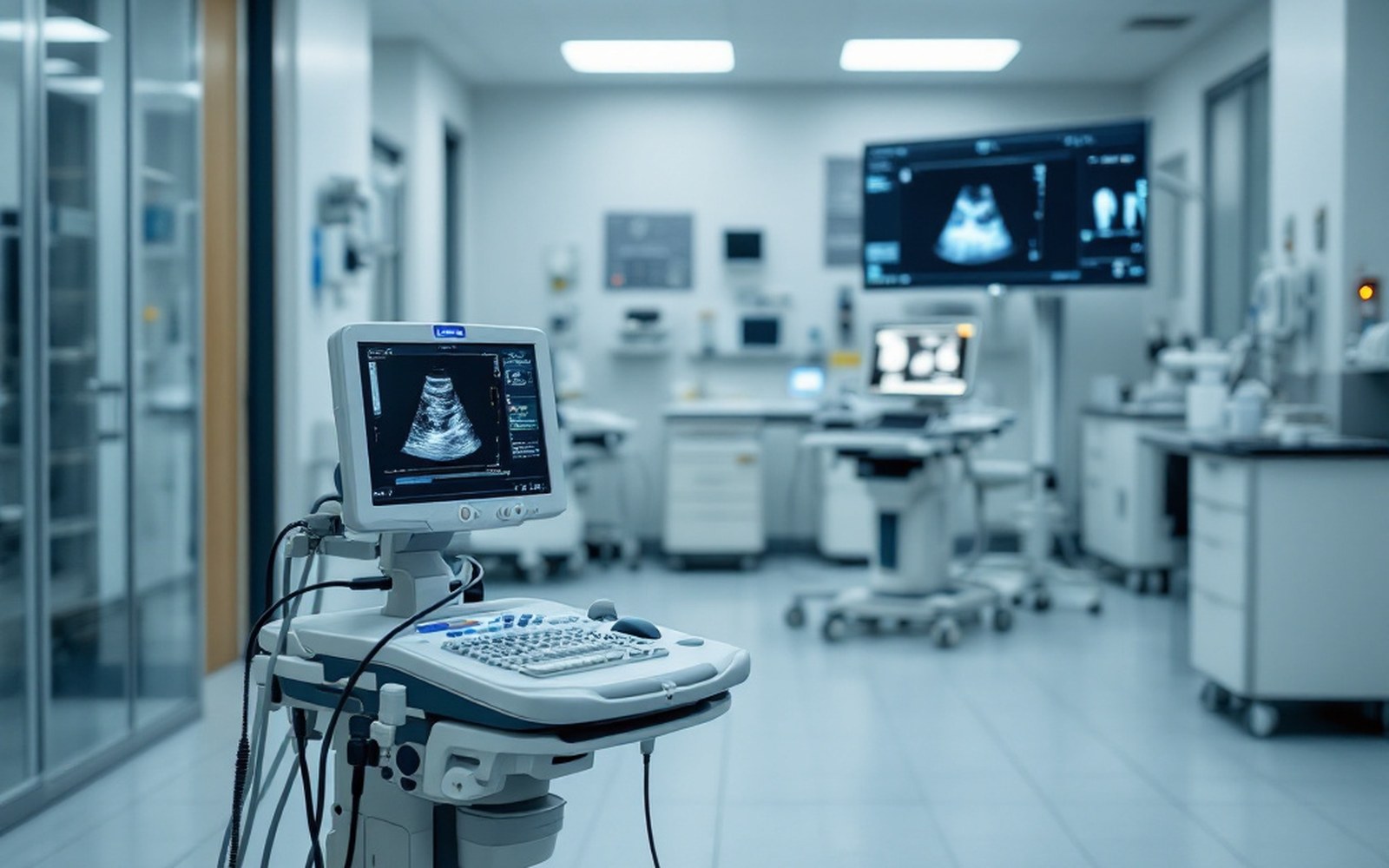 An ultrasound machine and a probe on a trolley in an empty clinical room